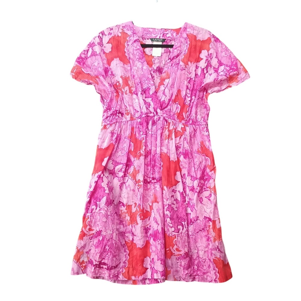 LRL Ralph Lauren Pink PLUS 1X V neck swim dress cover up pockets beach pool vac - Picture 2 of 4